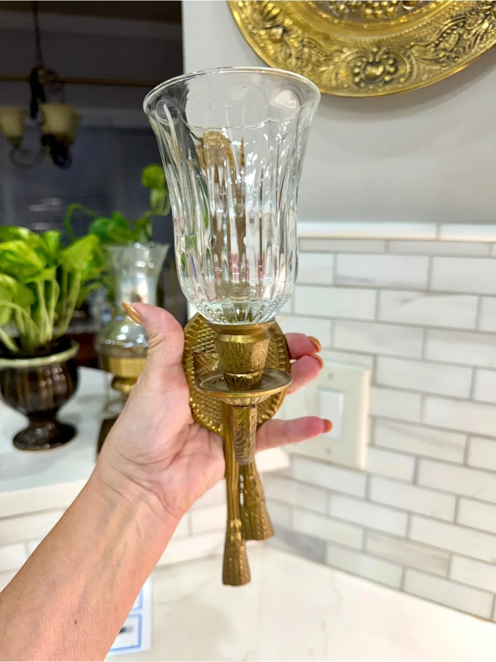 Vintage Brass Pair of Candle Holder Wall Sconces-H 11.5inches with glass pegs
